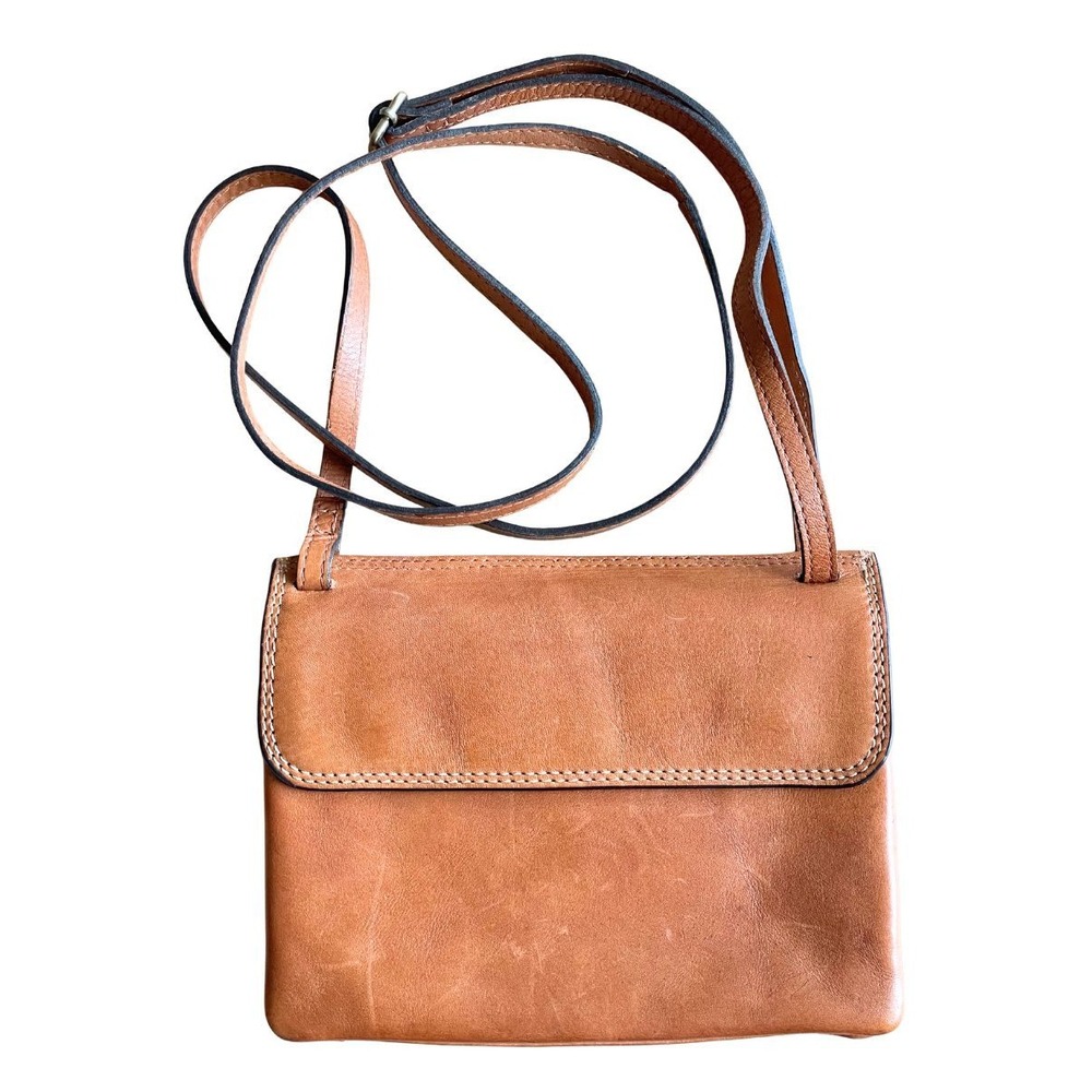 Vintage VTG Tan Brown Leather Crossbody Bag Accordion Organizer Purse Adjustable
